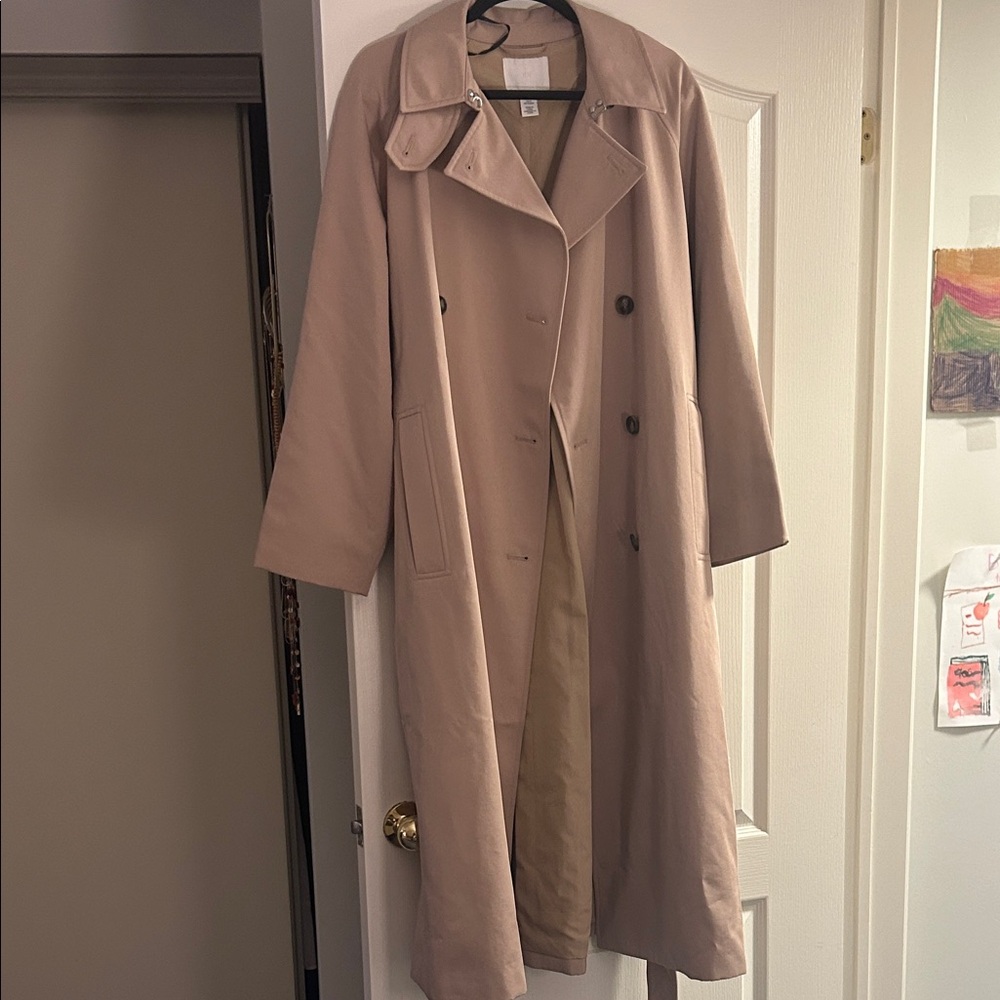 Classic Beige Trench Coat - Women's Long Double-Breasted Coat (with funnel neck)